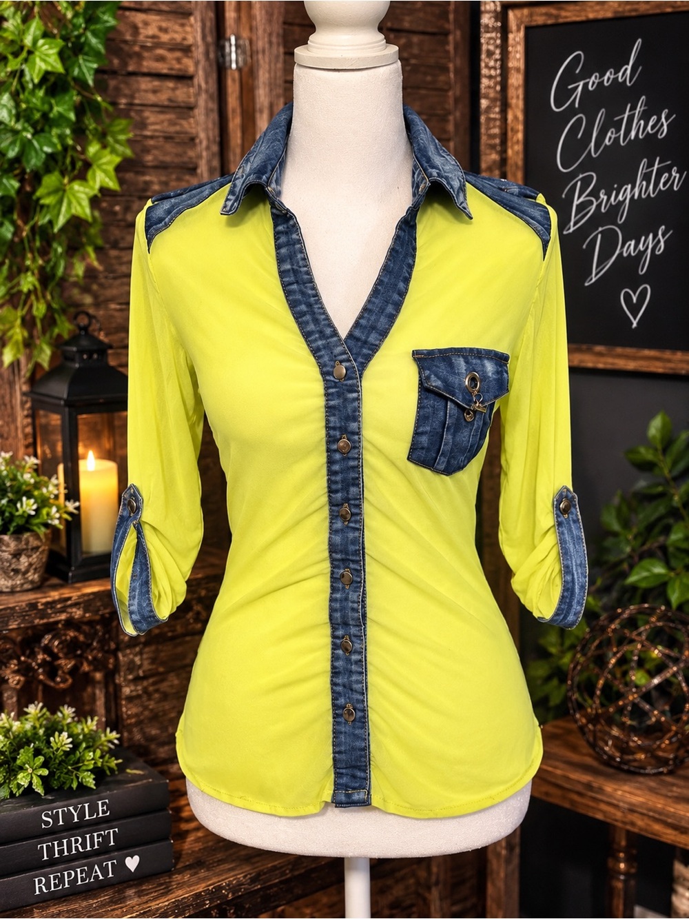Pastel  Lime Yellow Button-Front Top with Denim Trim